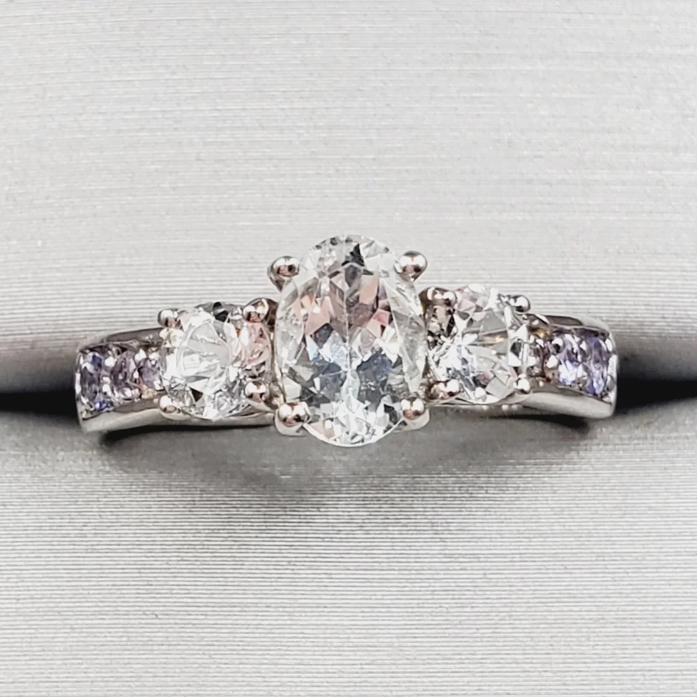 Oval Three Stone Goshenite & Tanzanite 925 Sterling Silver Ring
